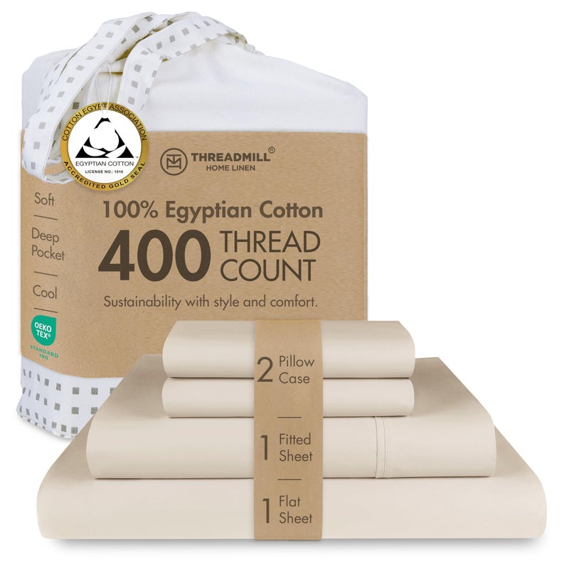 Threadmill Egyptian Cotton Sheets for King Size Bed | 100% Certified Egyptian Cotton King Bed Sheets Set | Snug Fit Elastic Deep Pocket King Sheets Soft, Breathable All Season Solid Sateen | Beige - Image 1